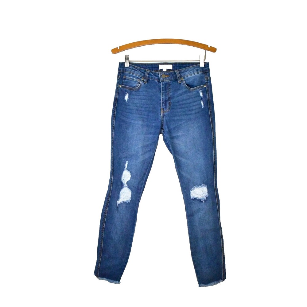 Harper Heritage Mid Rise Destructed Skinny Jeans Raw Hem Size 28 Blue Ankle